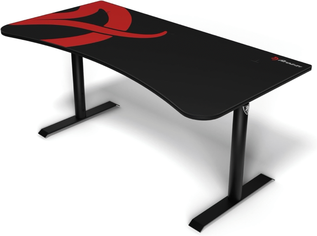 Arozzi Arena Gaming Desk with oversized mousepad surface, concealed cable net, and space for three monitors
