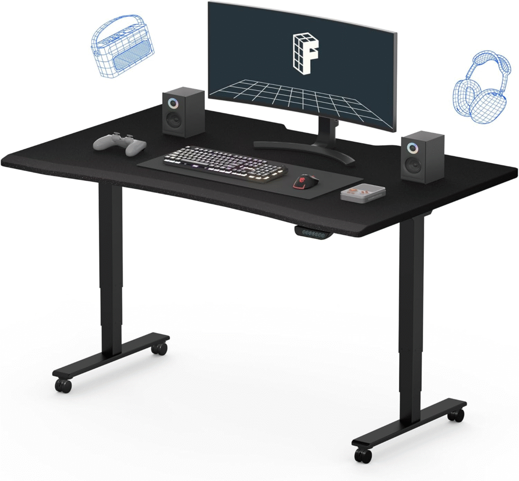 FlexiSpot Electric Height Adjustable Gaming Desk with cable tray, standing height, and minimalist design for ergonomic gaming setups