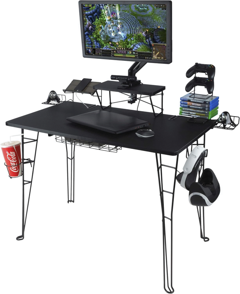 Atlantic Gaming Original Gaming Desk with storage shelf, headphone hook, and built-in cable management for small PC gaming setups