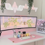 Pastel Kawaii Gaming Setup with Triple Monitors & High-Performance PC Build