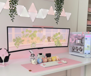 Pastel Kawaii Gaming Setup with Triple Monitors & High-Performance PC Build